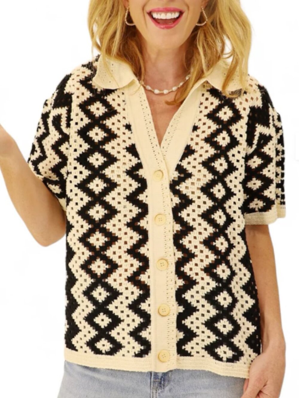 Rain + Rose Crochet Button Up Top – Black & Cream – Size Small – Textured Knit
